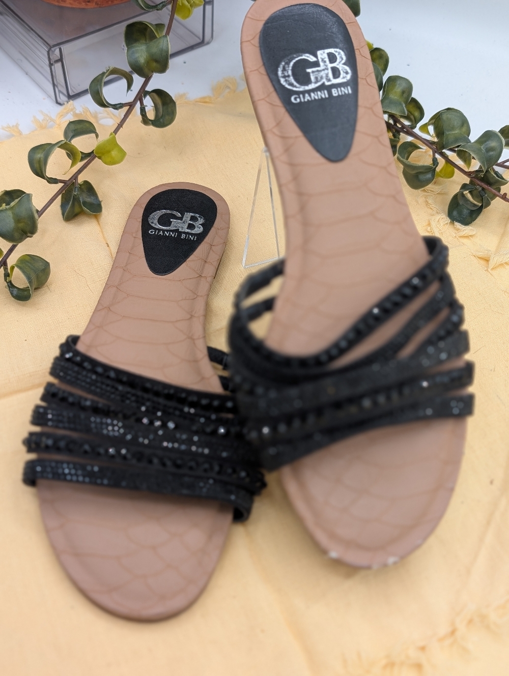 Gianni Bini Slide Sandals Women’s 7.5 Black Rhinestone Strappy Slip On Flats (J)